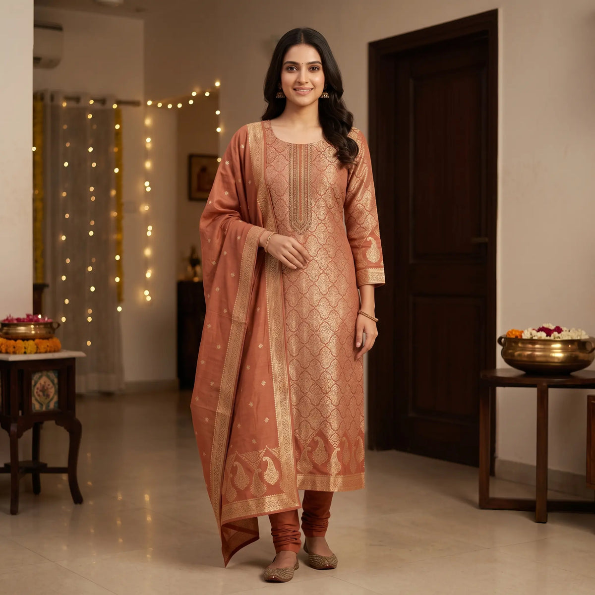 Terracotta Banarasi unstitched suit, festive lifestyle look