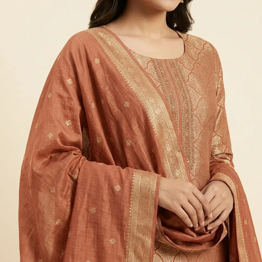 Terracotta Banarasi suit model view