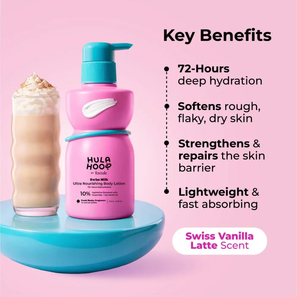 Foxtale Hula Hoop Swiss Milk Ultra Nourishing Body Lotion| 72+Hrs Long Hydration & Moisturization | 200 ml