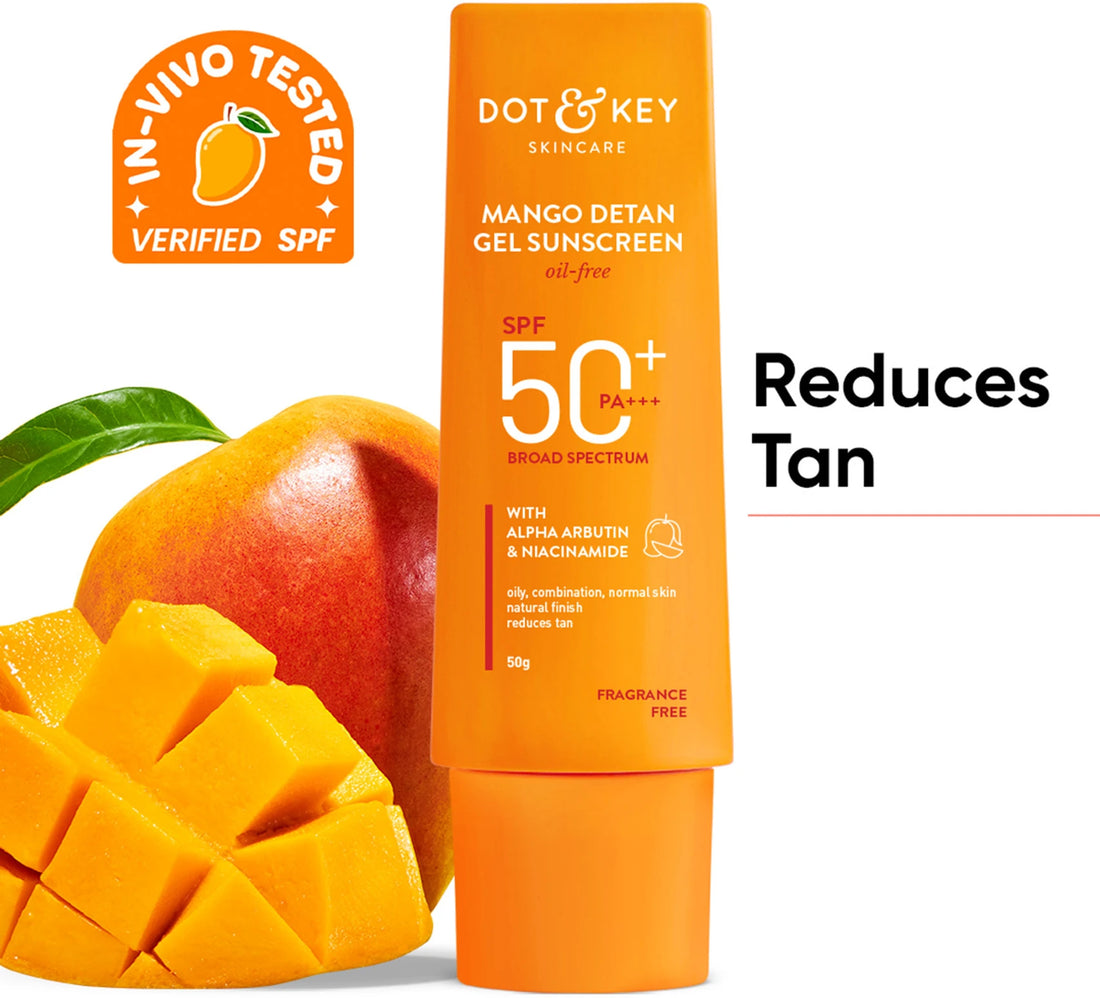 DOT & KEY Mango Detan Gel Sunscreen SPF 50+ PA+++ In-Vivo Tested Sunscreen with Alpha-Arbutin & Niacinamide, Controls Tanning, 120 Minutes Water Resistant- 80g
