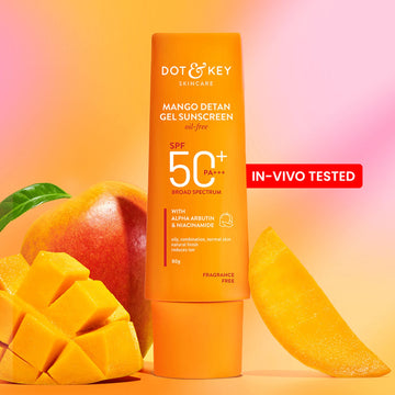 DOT & KEY Mango Detan Gel Sunscreen SPF 50+ PA+++ In-Vivo Tested Sunscreen with Alpha-Arbutin & Niacinamide, Controls Tanning, 120 Minutes Water Resistant- 80g